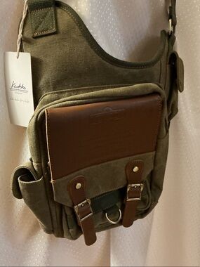 Kaukko Olive Canvas Messenger Bag with Brown Leather Details
